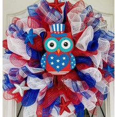 Handmade Deco Mesh Wreath American Owl Summer 4th of July Red White Blue   372313245742